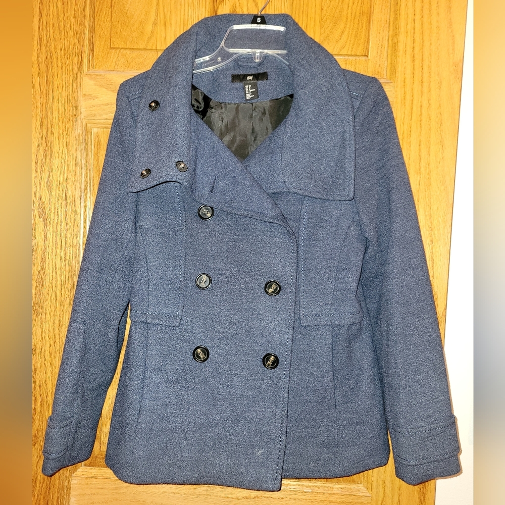 H&M Blue button up pea coat Womens 8